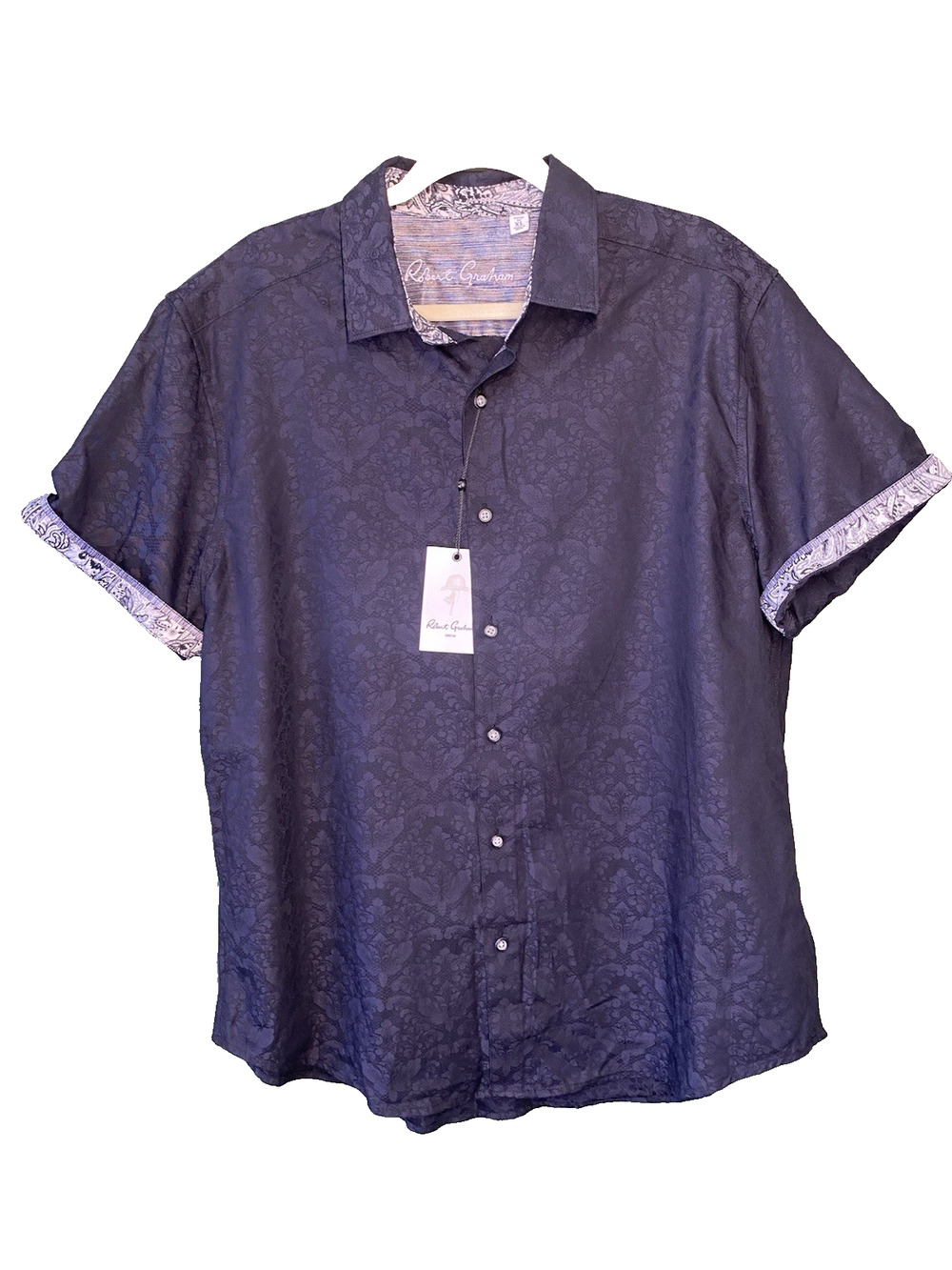 Robert Graham Shirt Mens XL Black Bayview Short Sleeve Classic Fit Button Down